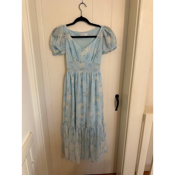 LoveShackFancy Dresses & Skirts - LoveShackFancy Target Blue Floral Puff Sleeve‎ Chiffon Midi Dress Size 0